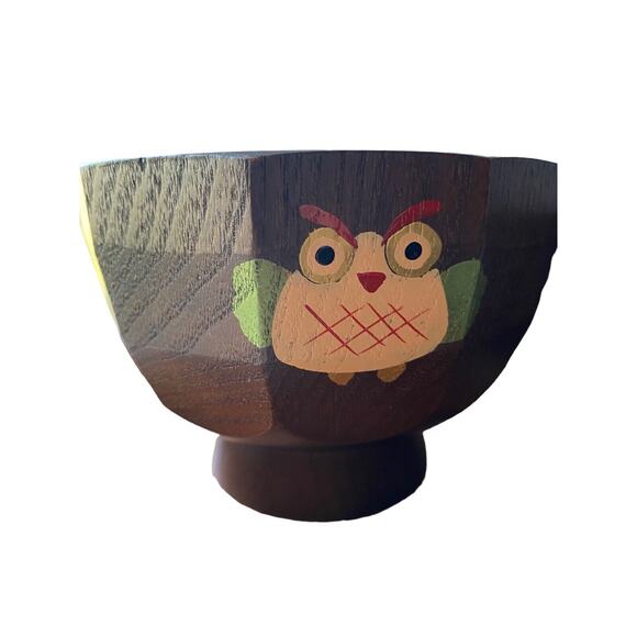 Acacia Wood Footed Rice Soup 4 Bowls Owl And Cat Graphics W/2 Small Spoons - Picture 2 of 12